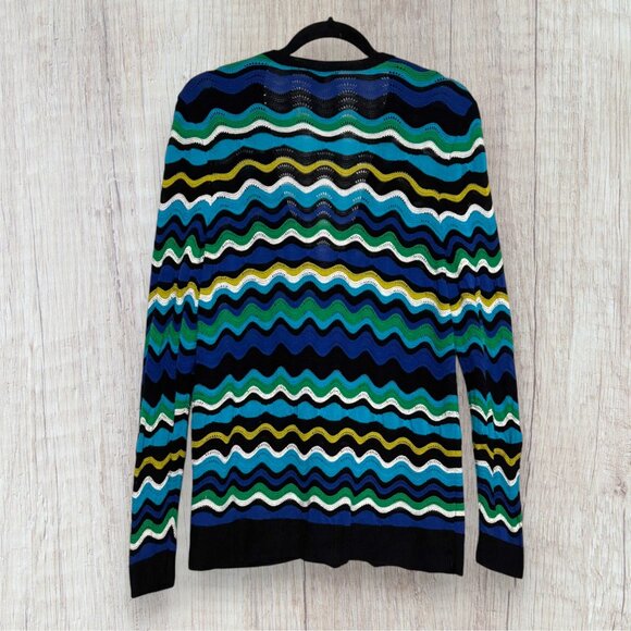 CHAUS Multi Color Blue Green Chevron Wave Open Knit V-Neck Cardigan Sweater XL - Picture 2 of 4